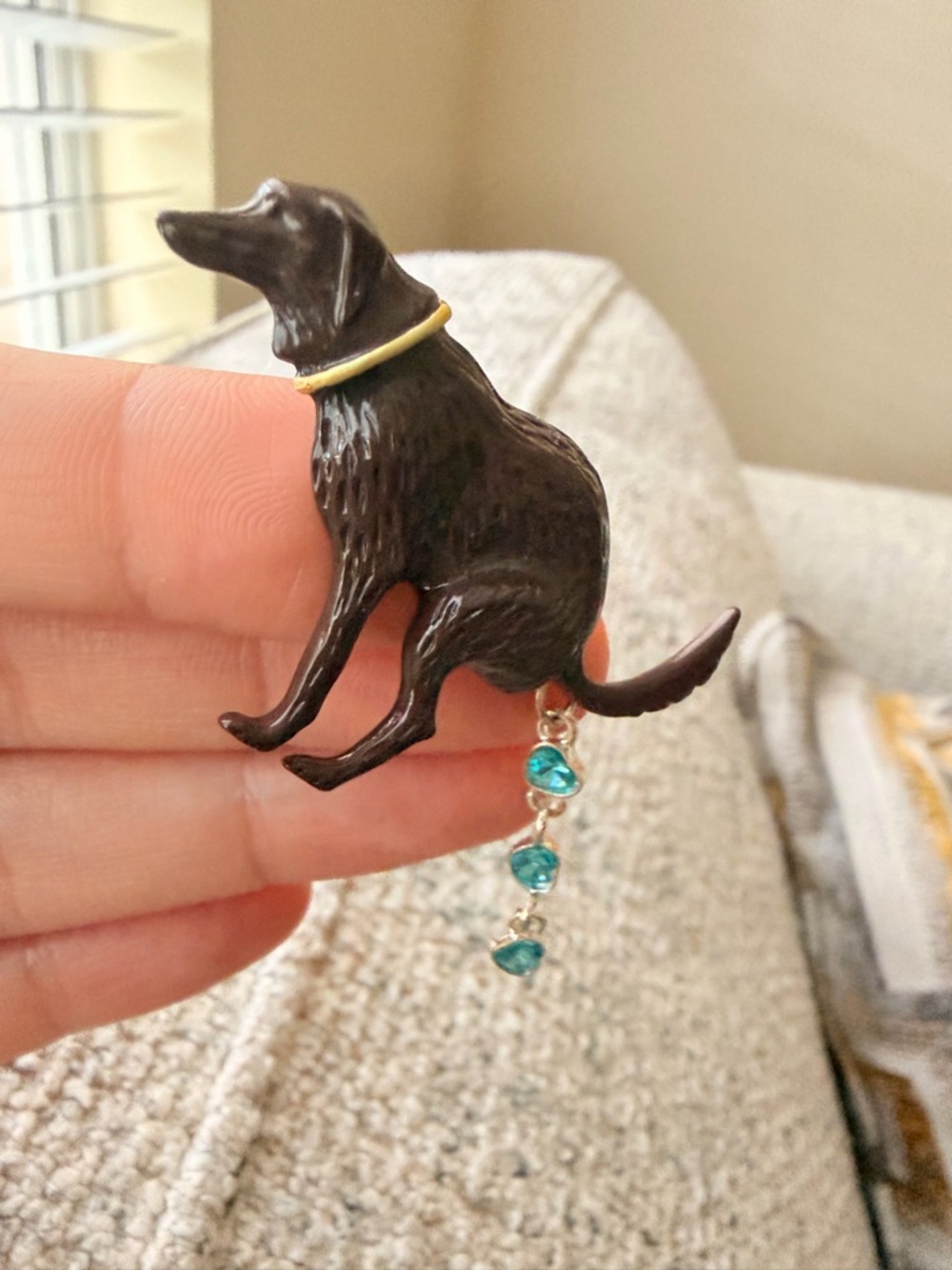 Dog Pendant Brooch with Teal Gem Dangles - Pooping dog
